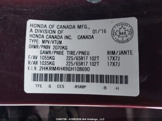 12493756 :رقم المزاد ، 2HKRM4H49GH108690 vin ، 2016 Honda Cr-v Se مزاد بيع