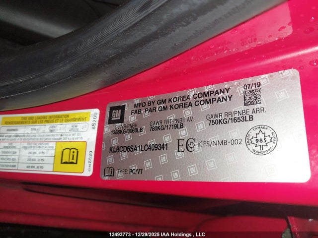 12493773 :رقم المزاد ، KL8CD6SA1LC409341 vin ، 2020 Chevrolet Spark مزاد بيع