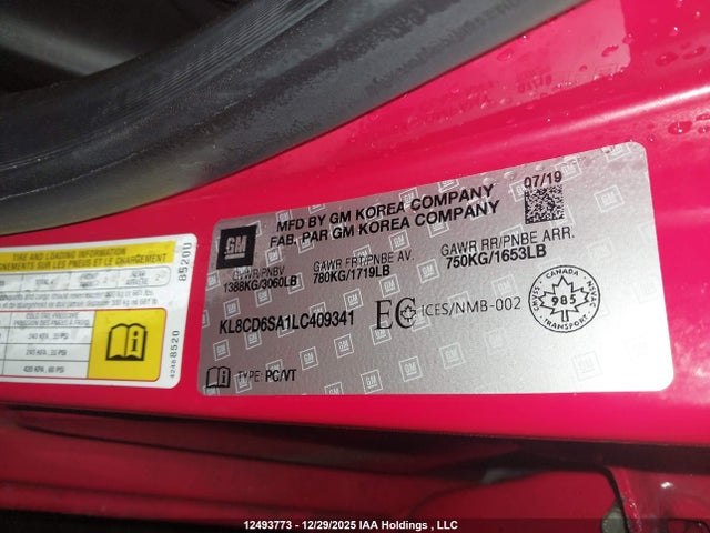 12493773 :رقم المزاد ، KL8CD6SA1LC409341 vin ، 2020 Chevrolet Spark مزاد بيع