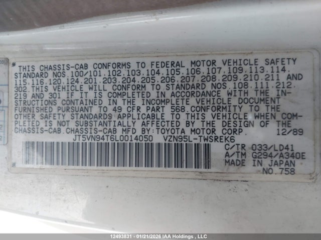 12493831 :رقم المزاد ، JT5VN94T6L0014050 vin ، 1990 Toyota Pickup Cab Chassis Super Long Wb مزاد بيع
