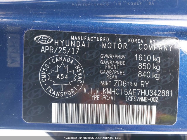 KMHCT5AE7HU342881 Hyundai ACCENT SE