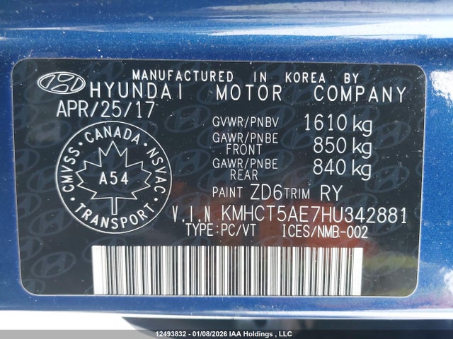 KMHCT5AE7HU342881 Hyundai ACCENT SE