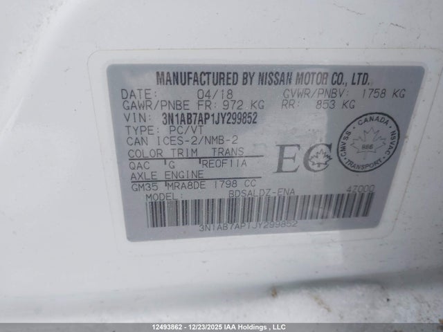 3N1AB7AP1JY299852 Nissan Sentra 1.8 S/1.8 Sv/1.8 Sv Midnight Edition