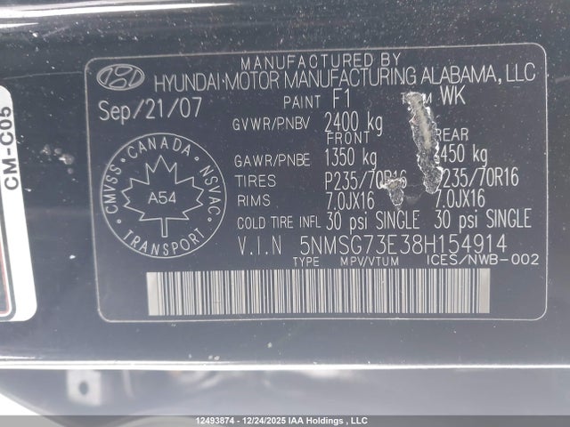 2008 Hyundai Santa Fe Gl/gls მანქანა იყიდება აუქციონზე, vin: 5NMSG73E38H154914, აუქციონის ნომერი: 12493874