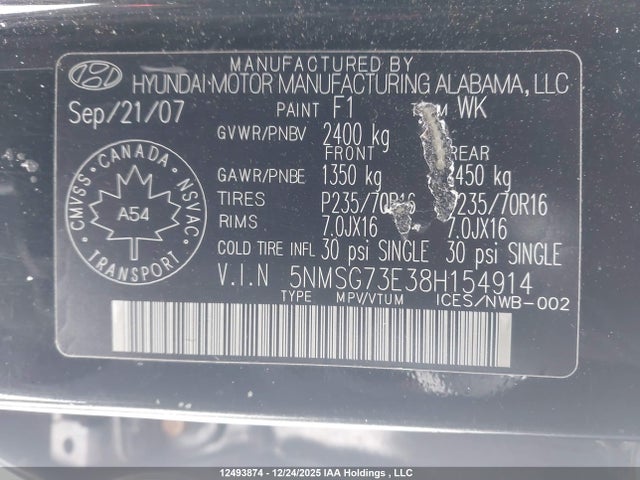 2008 Hyundai Santa Fe Gl/gls მანქანა იყიდება აუქციონზე, vin: 5NMSG73E38H154914, აუქციონის ნომერი: 12493874