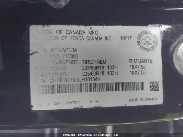 2HKRW2H89JH101344 Honda Cr-v Ex-l