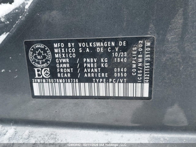 12493892 :رقم المزاد ، 3VWFM7BU7RM018736 vin ، 2024 Volkswagen Jetta Comfortline مزاد بيع
