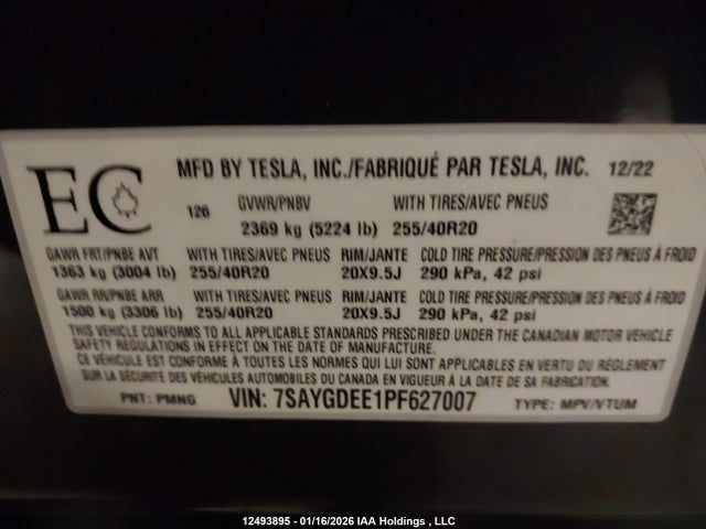 2023 Tesla Model Y Long Range მანქანა იყიდება აუქციონზე, vin: 7SAYGDEE1PF627007, აუქციონის ნომერი: 12493895