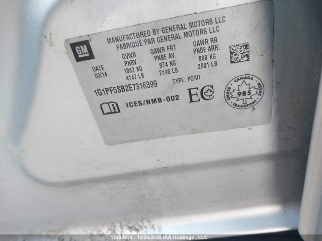 12493934 :رقم المزاد ، 1G1PF5SB2E7316399 vin ، 2014 Chevrolet Cruze Lt مزاد بيع
