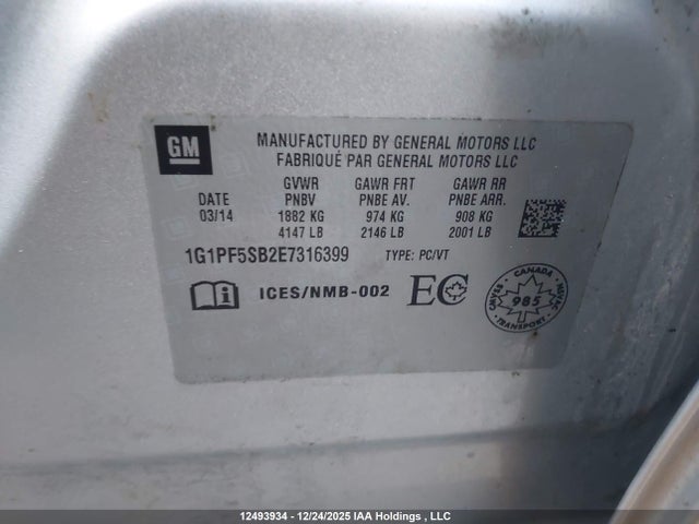 12493934 :رقم المزاد ، 1G1PF5SB2E7316399 vin ، 2014 Chevrolet Cruze Lt مزاد بيع