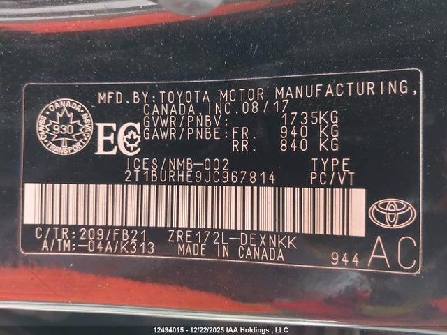 2T1BURHE9JC967814 Toyota Corolla L/le/xle/se/xse