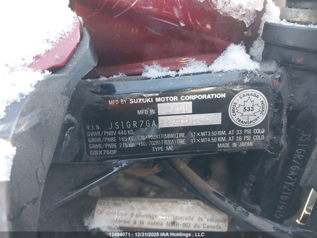 Aukcja sprzedaży 2000 Suzuki Gsx750 F, vin: JS1GR7GA7Y2101915, numer aukcji: 12494071