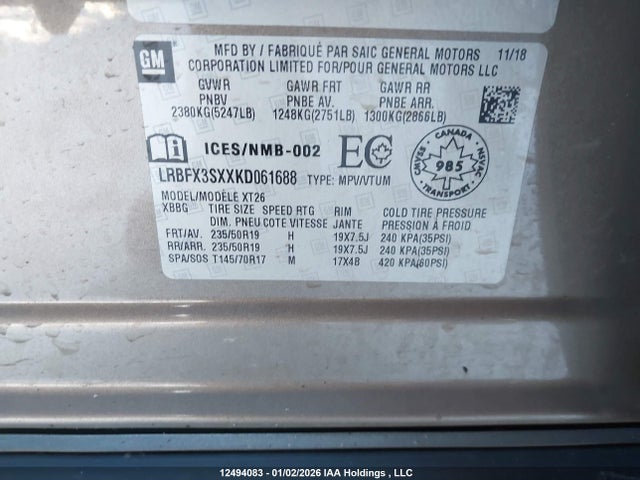 Aukcja sprzedaży 2019 Buick Envision Premium, vin: LRBFX3SXXKD061688, numer aukcji: 12494083