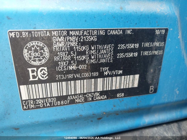 12494098 :رقم المزاد ، 2T3J1RFV4LC063189 vin ، 2020 Toyota Rav4 Adventure/trd Off Road مزاد بيع