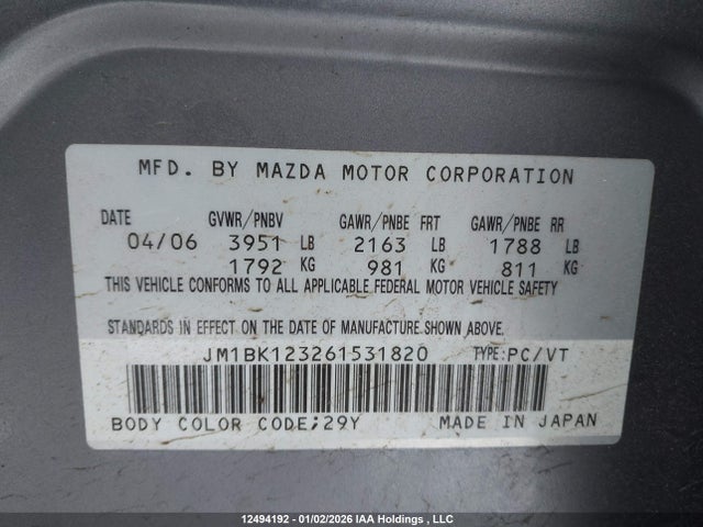 Продаж на аукціоні авто 2006 Mazda Mazda3 Gt, vin: JM1BK123261531820, номер лоту: 12494192