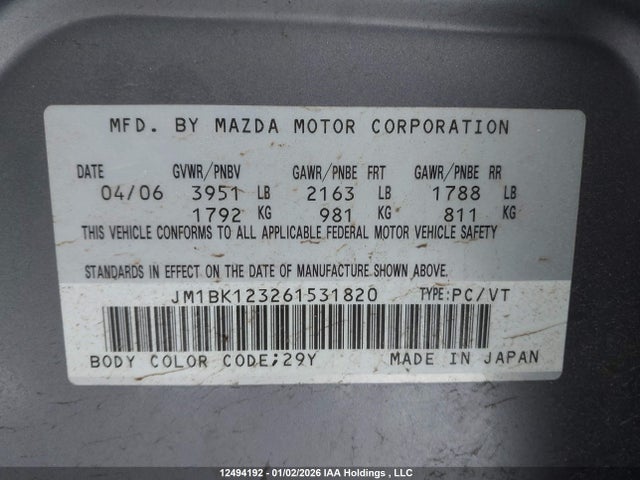Продаж на аукціоні авто 2006 Mazda Mazda3 Gt, vin: JM1BK123261531820, номер лоту: 12494192