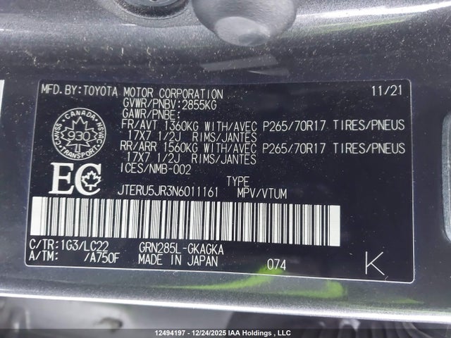12494197 :رقم المزاد ، JTERU5JR3N6011161 vin ، 2022 Toyota 4runner Sr5 Premium/trd Sport/trd Off Road/trd Off Road Premium/trd Pro مزاد بيع