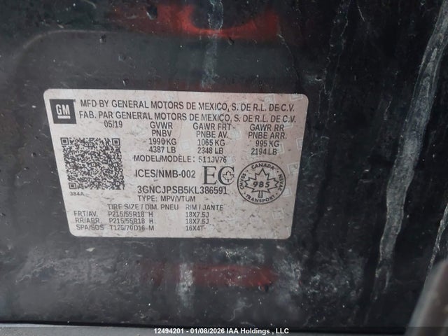 Продаж на аукціоні авто 2019 Chevrolet Trax 1lt, vin: 3GNCJPSB5KL386591, номер лоту: 12494201