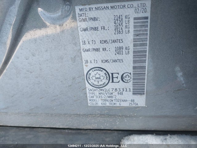 5N1AT2MV1LC783311 Nissan Rogue S/sl/sv