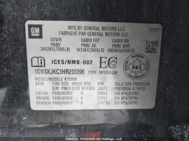 1GNSKJKC3HR203396 Chevrolet Suburban Premier