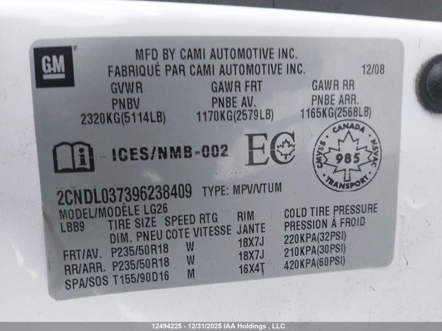 Продаж на аукціоні авто 2009 Chevrolet Equinox Sport, vin: 2CNDL037396238409, номер лоту: 12494225