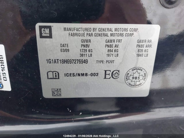 2009 Chevrolet Cobalt Lt მანქანა იყიდება აუქციონზე, vin: 1G1AT18H697276949, აუქციონის ნომერი: 12494229