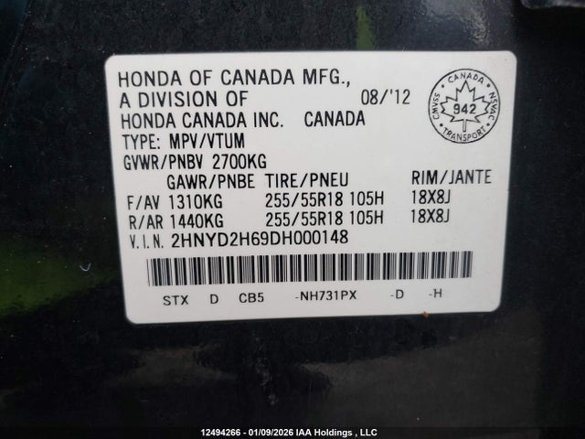 Продаж на аукціоні авто 2013 Acura Mdx Technology Package, vin: 2HNYD2H69DH000148, номер лоту: 12494266