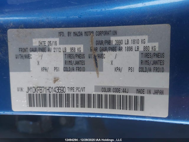 12494294 :رقم المزاد ، JM1DKFB71H0143690 vin ، 2017 Mazda Cx-3 Gx مزاد بيع