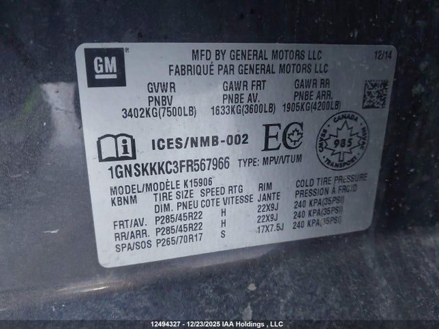 2015 Chevrolet Suburban 1500 Ltz მანქანა იყიდება აუქციონზე, vin: 1GNSKKKC3FR567966, აუქციონის ნომერი: 12494327