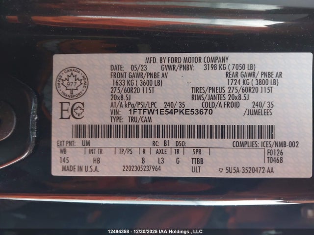 Aukcja sprzedaży 2023 Ford F150 Supercrew, vin: 1FTFW1E54PKE53670, numer aukcji: 12494358