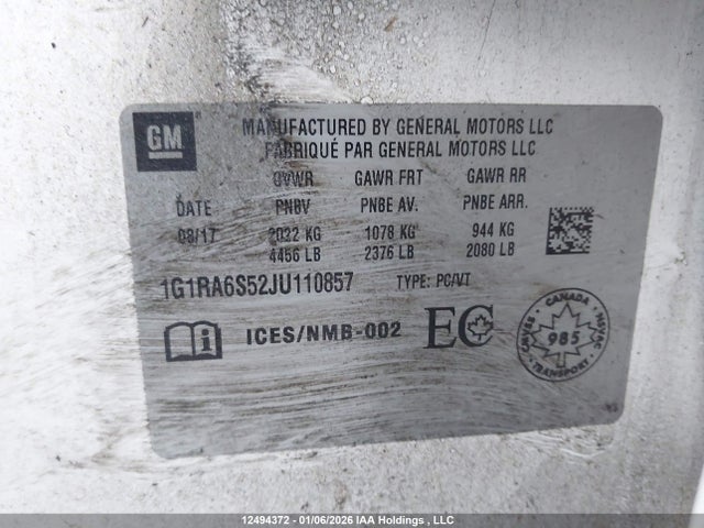 1G1RA6S52JU110857 Chevrolet VOLT LT
