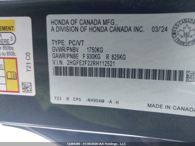 2HGFE2F22RH112521 Honda Civic Lx