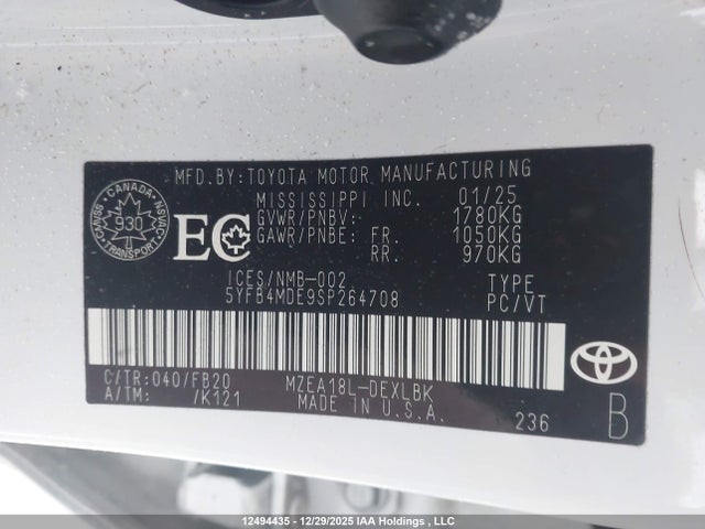 12494435 :رقم المزاد ، 5YFB4MDE9SP264708 vin ، 2025 Toyota Corolla مزاد بيع