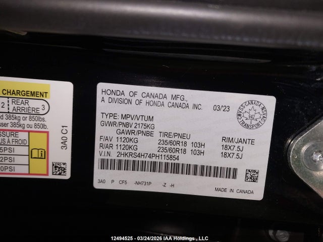 2HKRS4H74PH115854 Honda Cr-v Ex-l