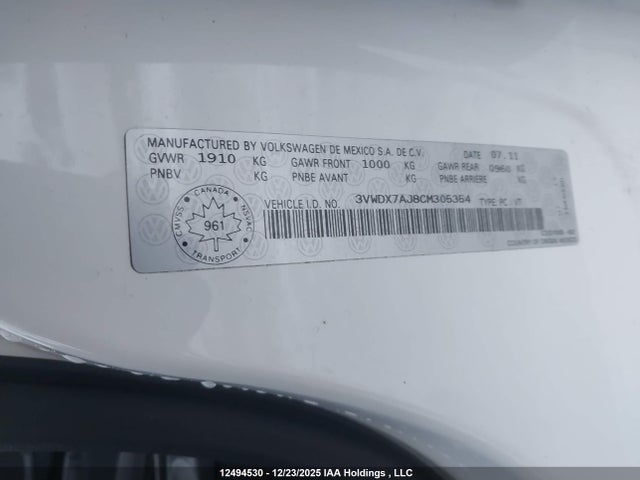 12494530 :رقم المزاد ، 3VWDX7AJ8CM305354 vin ، 2012 Volkswagen Jetta Se مزاد بيع