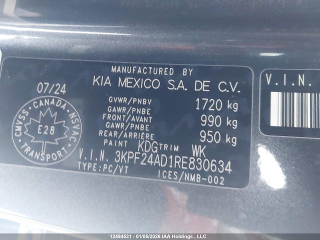 12494531 :رقم المزاد ، 3KPF24AD1RE830634 vin ، 2024 Kia Forte Ex/ex Premium/ex+/lx مزاد بيع