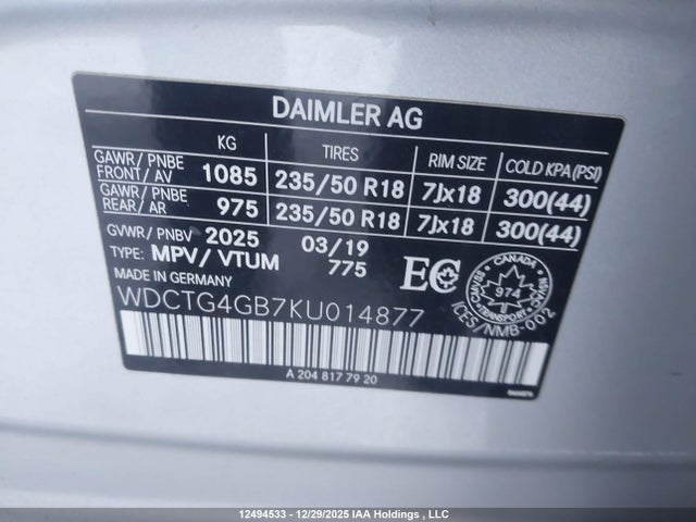 WDCTG4GB7KU014877 Mercedes-Benz GLA