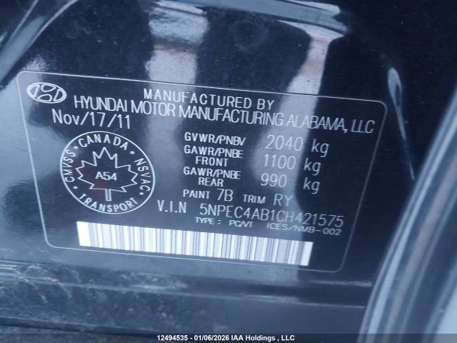 12494535 :رقم المزاد ، 5NPEC4AB1CH421575 vin ، 2012 Hyundai Sonata 2.0t Limited مزاد بيع
