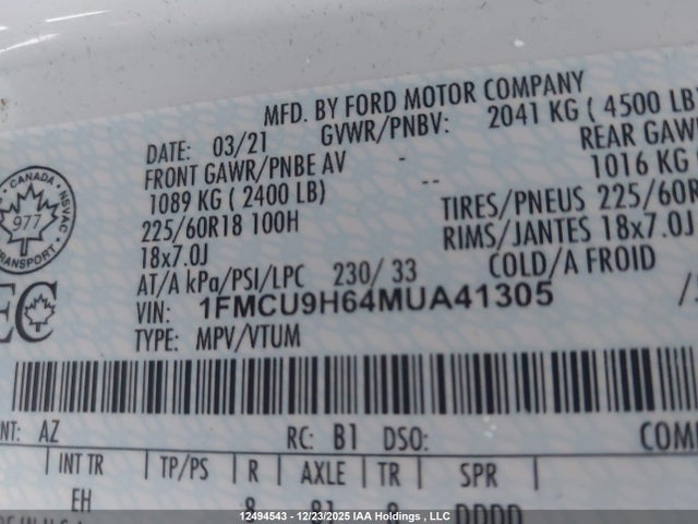 1FMCU9H64MUA41305 Ford ESCAPE SEL
