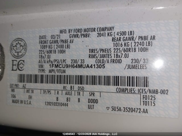1FMCU9H64MUA41305 Ford ESCAPE SEL