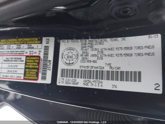 Продажа на аукционе авто 2015 Toyota Tundra Platinum 5.7l V8, vin: 5TFAY5F15FX447224, номер лота: 12494545