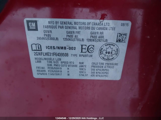 Aukcja sprzedaży 2015 Chevrolet Equinox Ltz, vin: 2GNFLHE31F6439508, numer aukcji: 12494546
