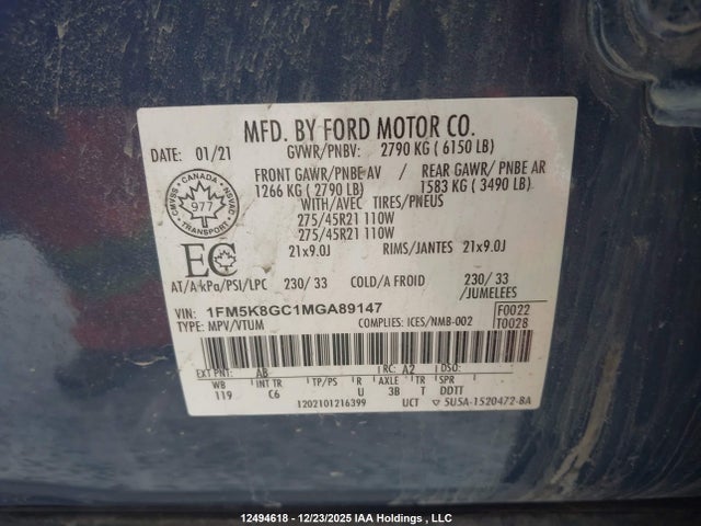 1FM5K8GC1MGA89147 Ford Explorer St