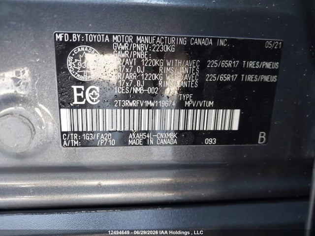 2T3RWRFV1MW119674 Toyota Rav4 Hybrid Xle
