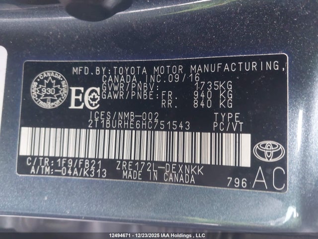 2017 Toyota Corolla L/le/xle/se/xse მანქანა იყიდება აუქციონზე, vin: 2T1BURHE6HC751543, აუქციონის ნომერი: 12494671