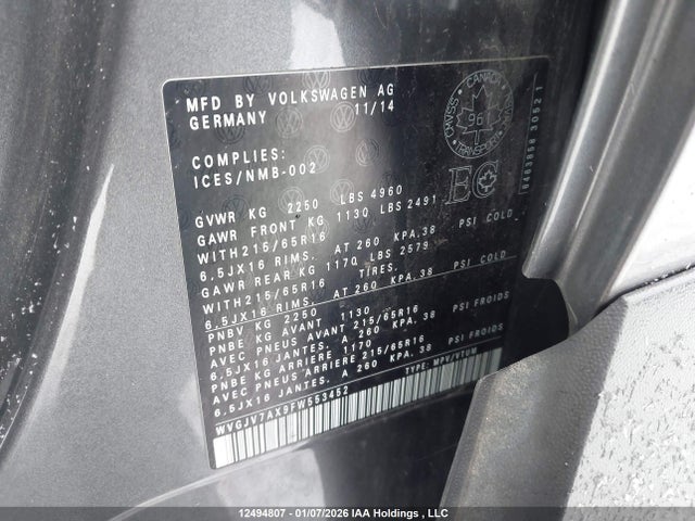 WVGJV7AX9FW553452 Volkswagen Tiguan Comfortline/highline/special Edition/trendline