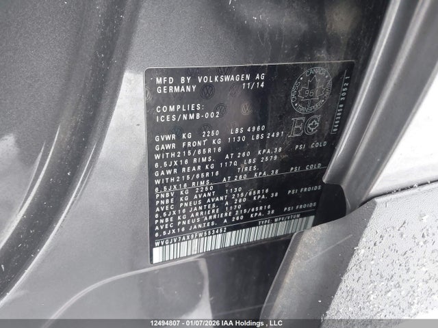 WVGJV7AX9FW553452 Volkswagen Tiguan Comfortline/highline/special Edition/trendline