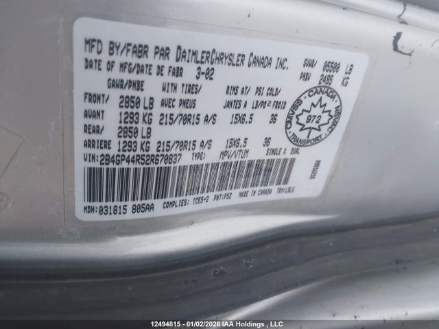 Aukcja sprzedaży 2002 Dodge Grand Caravan Sport, vin: 2B4GP44R52R670837, numer aukcji: 12494815