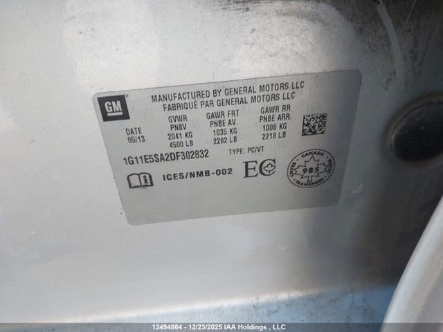 12494864 :رقم المزاد ، 1G11E5SA2DF302832 vin ، 2013 Chevrolet Malibu 2lt مزاد بيع
