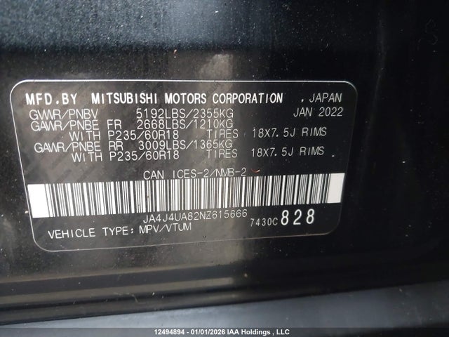 JA4J4UA82NZ615666 Mitsubishi Outlander Se/black Edition